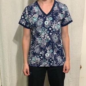 Blue Floral White Cross Scrub Top